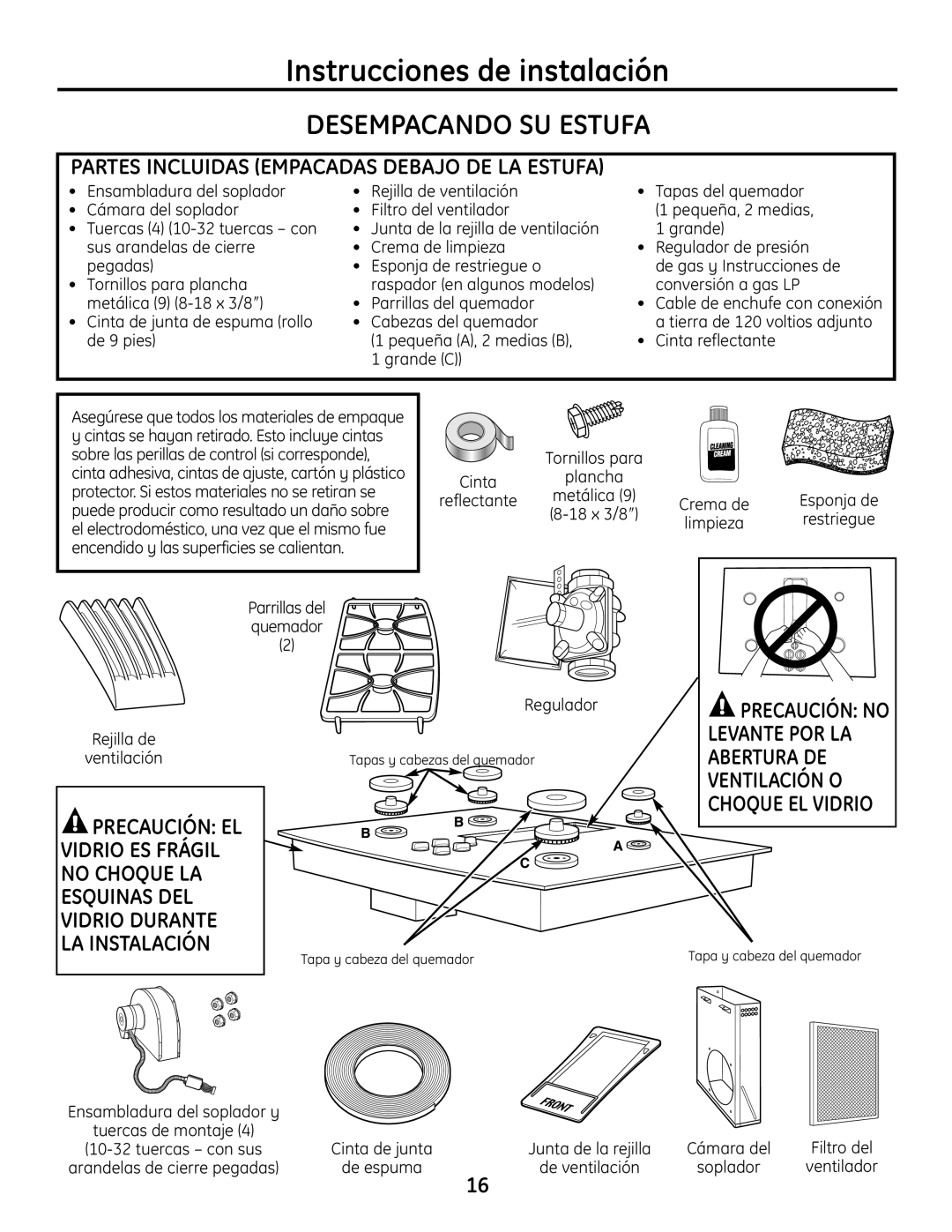 GE PGP989 manual Desempacando SU Estufa, Partes Incluidas Empacadas Debajo DE LA Estufa, Ventilador 