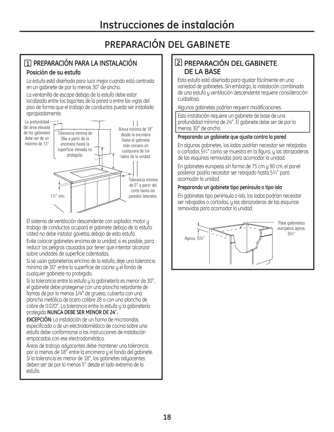 GE PGP989 manual Preparación DEL Gabinete DE LA Base, Preparando un gabinete que ajuste contra la pared 