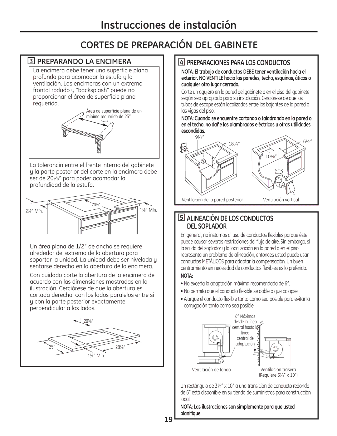 GE PGP989 manual Cortes DE Preparación DEL Gabinete, Preparando LA Encimera, Nota 