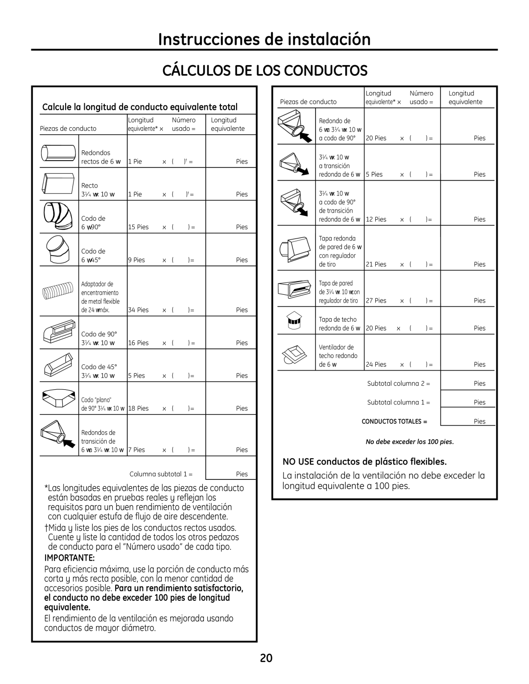 GE PGP989 manual Cálculos DE LOS Conductos, Calcule la longitud de conducto equivalente total, Importante 