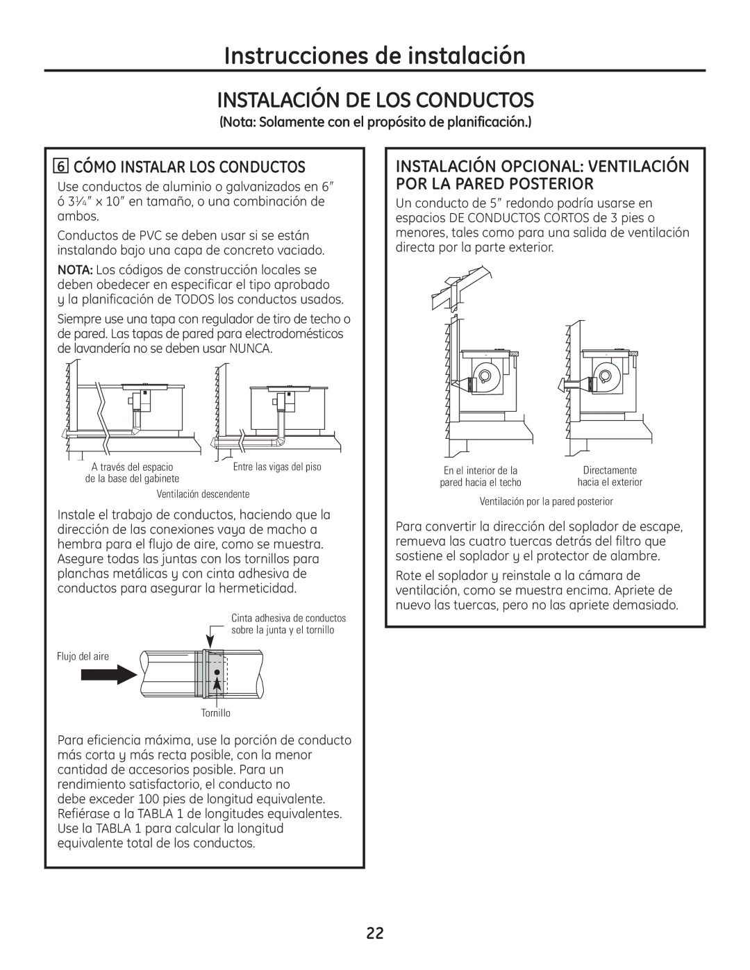 GE PGP989 manual Instalación DE LOS Conductos, Cómo Instalar LOS Conductos 