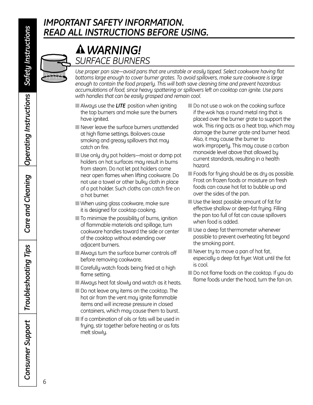 GE PGP989 manual Surface Burners 