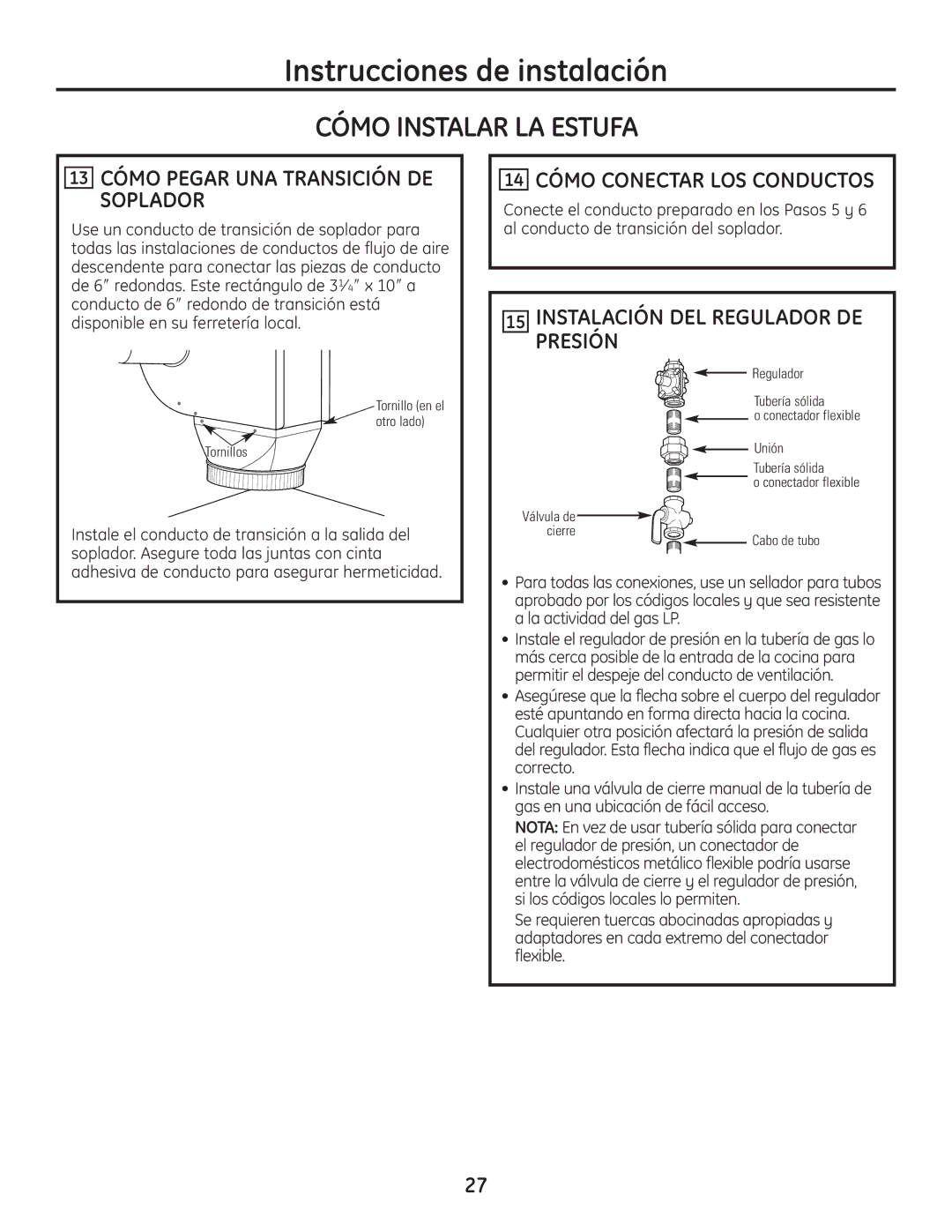 GE PGP989 13 Cómo Pegar UNA Transición DE Soplador, 14 Cómo Conectar LOS Conductos, Instalación DEL Regulador DE Presión 