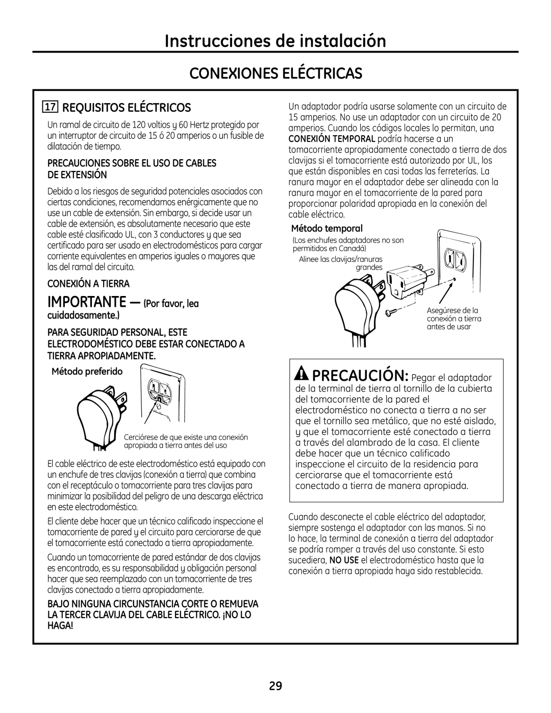 GE PGP989 Conexiones Eléctricas, Requisitos Eléctricos, Precauciones Sobre EL USO DE Cables DE Extensión, Método preferido 