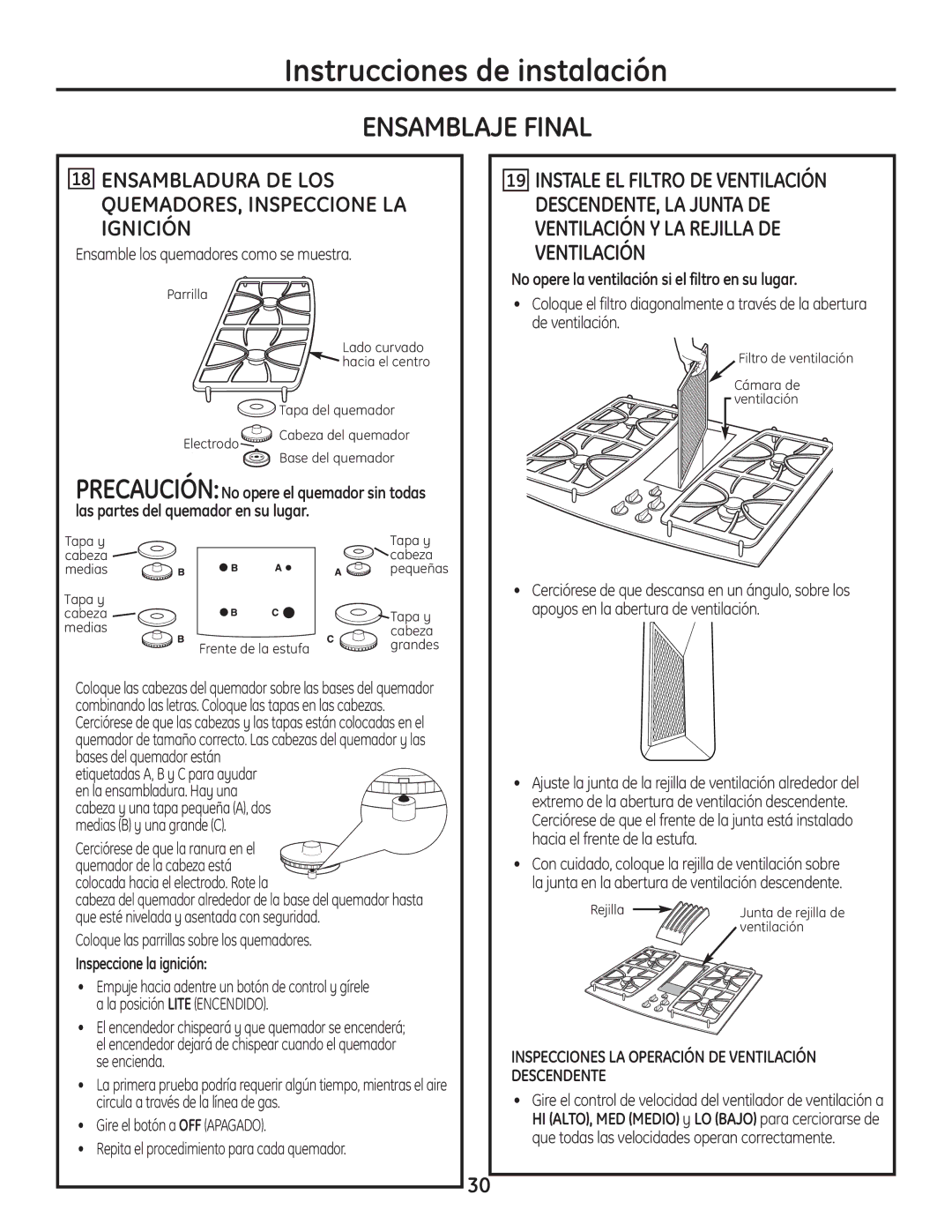 GE PGP989 manual Ensamblaje Final, Ensambladura DE LOS QUEMADORES, Inspeccione LA Ignición, Inspeccione la ignición 