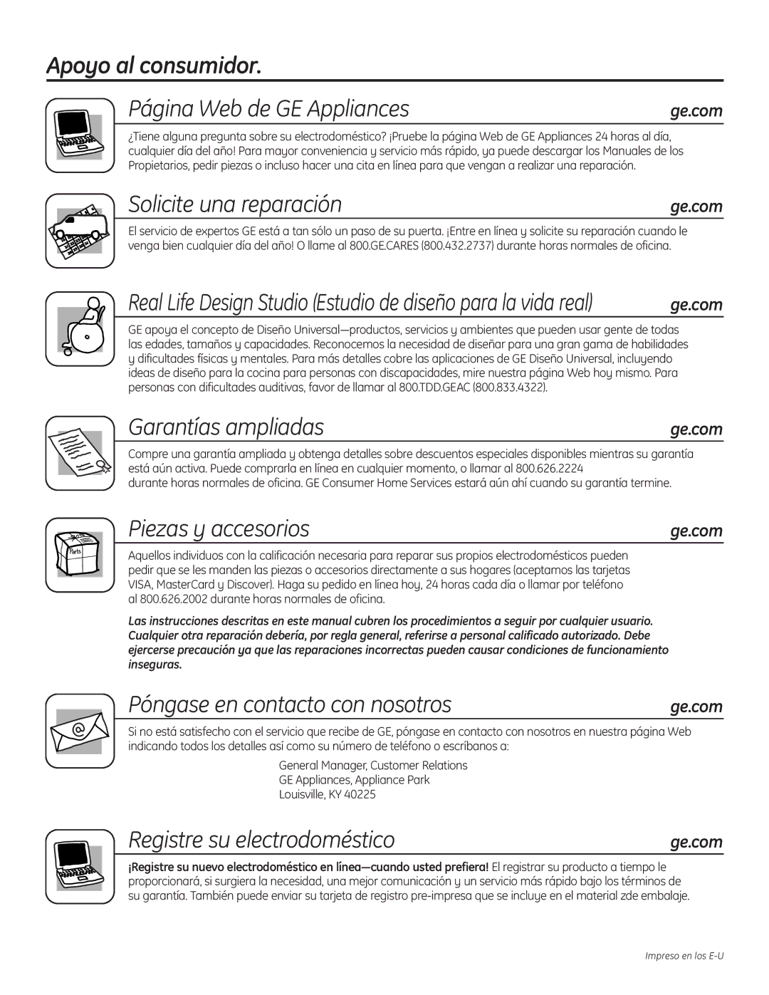 GE PGP989 manual Apoyo al consumidor Página Web de GE Appliances, Solicite una reparación, Garantías ampliadas 