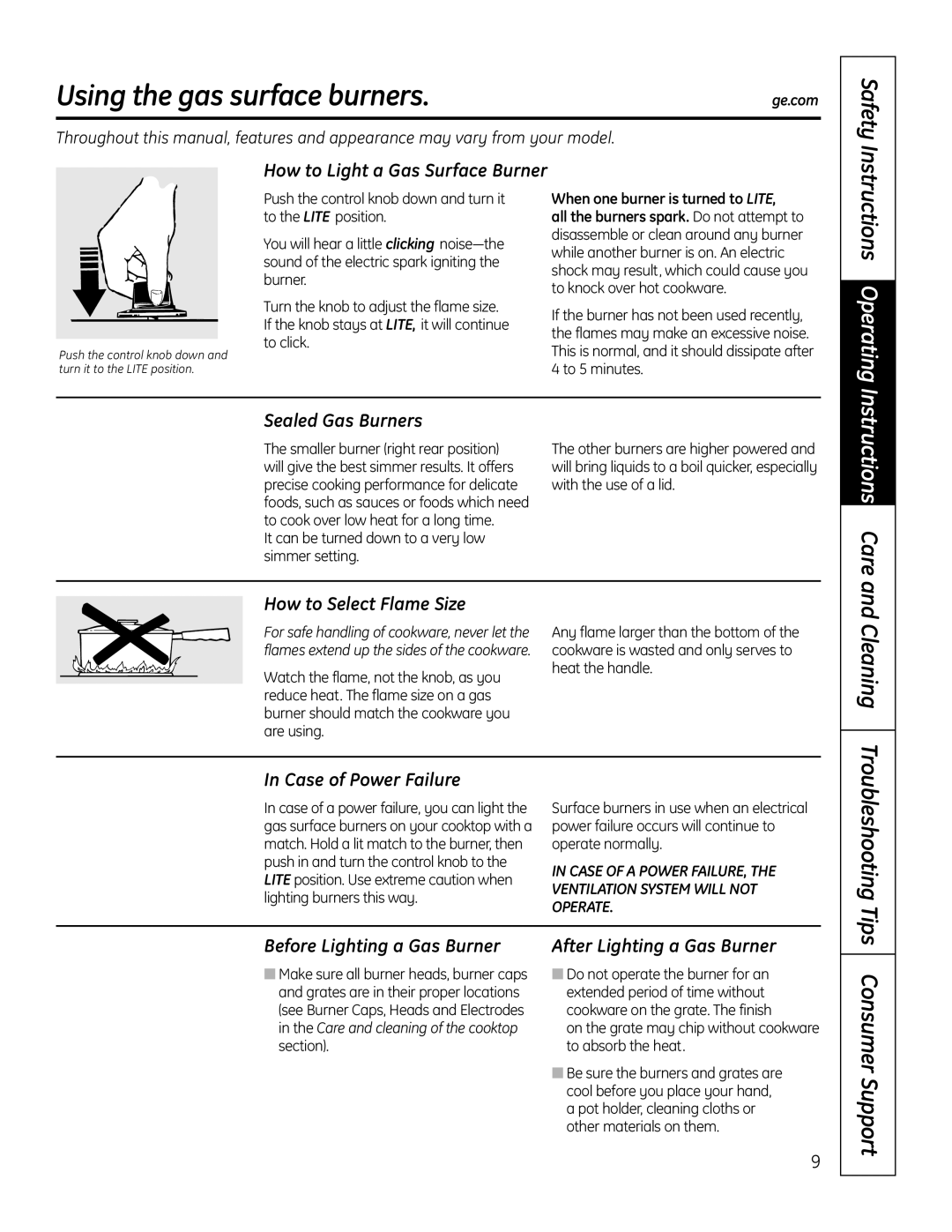 GE PGP989 manual Using the gas surface burners, Safety, Cleaning, Consumer Support 