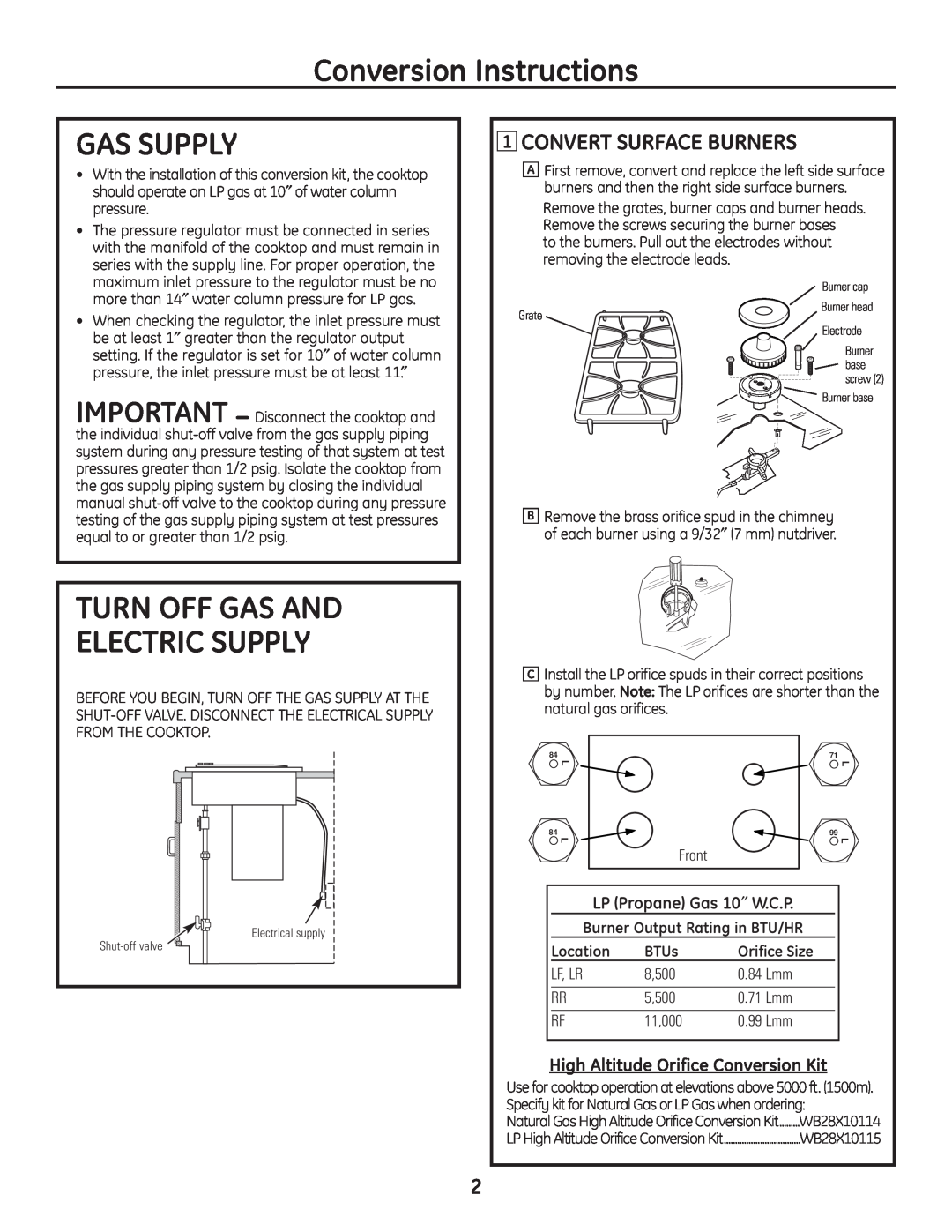 GE PGP989 Conversion Instructions, Gas Supply, Turn Off Gas And Electric Supply, Convert Surface Burners, Location, BTUs 