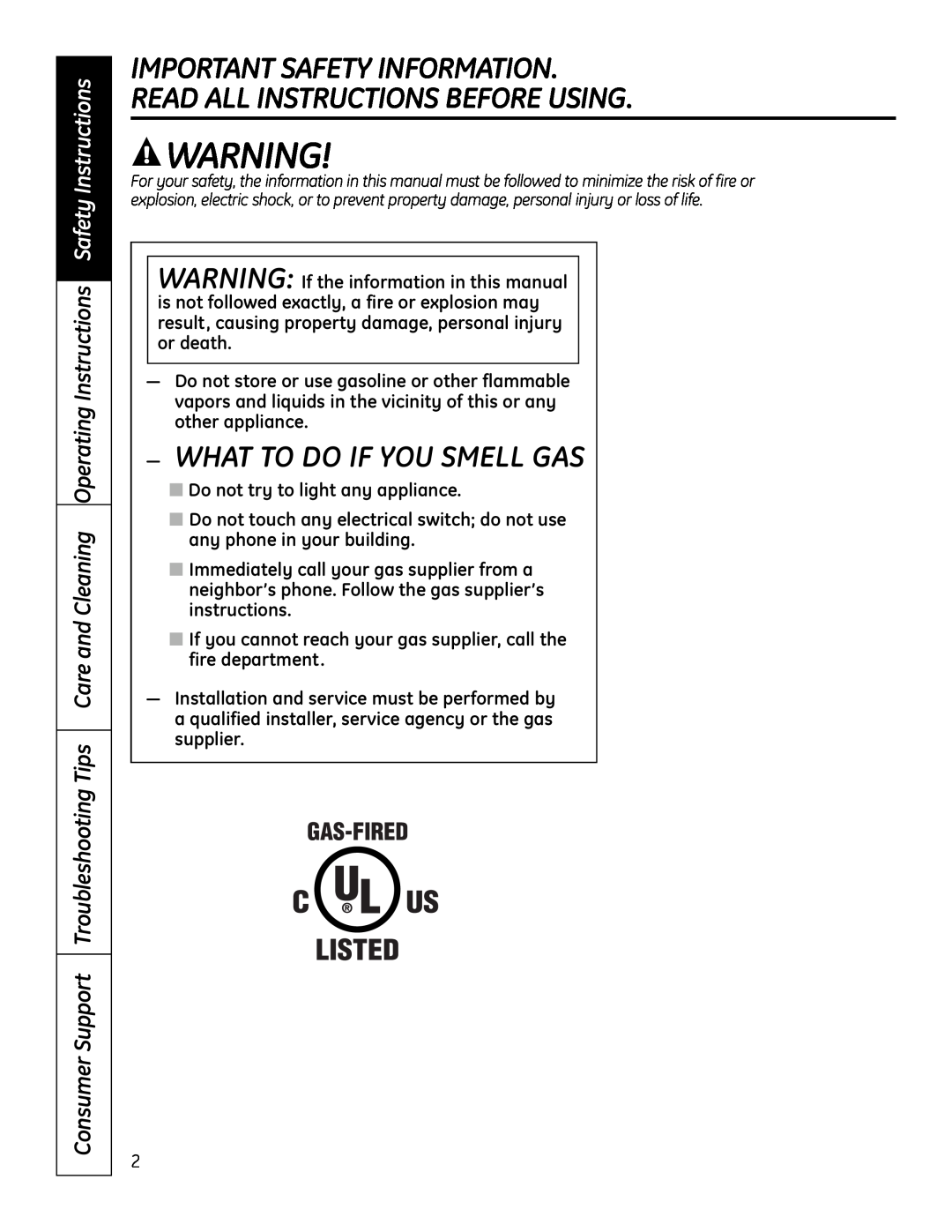 GE PGP989 manual What To Do If You Smell Gas 