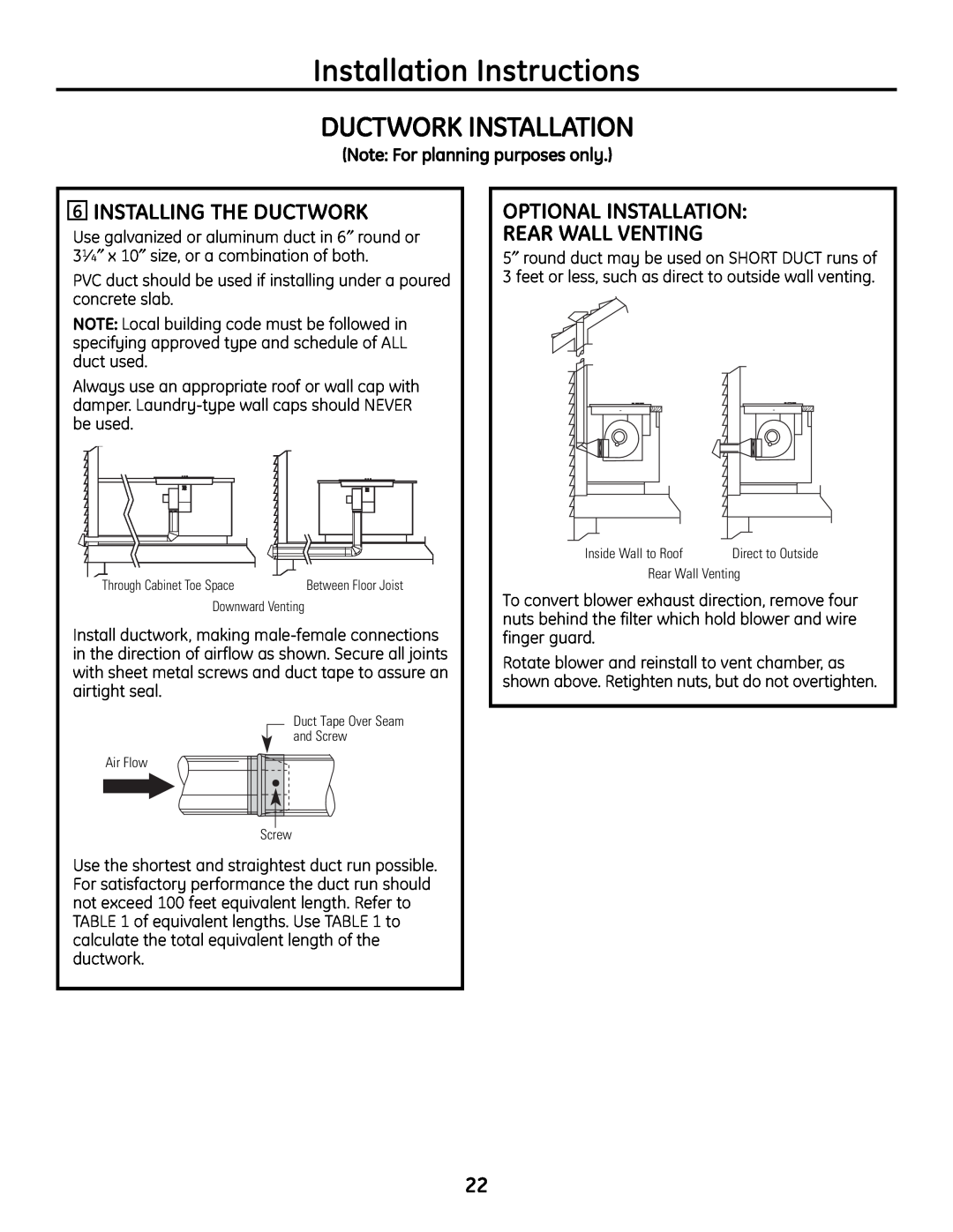 GE PGP989 manual Ductwork Installation, Installation Instructions, 6INSTALLING THE DUCTWORK 