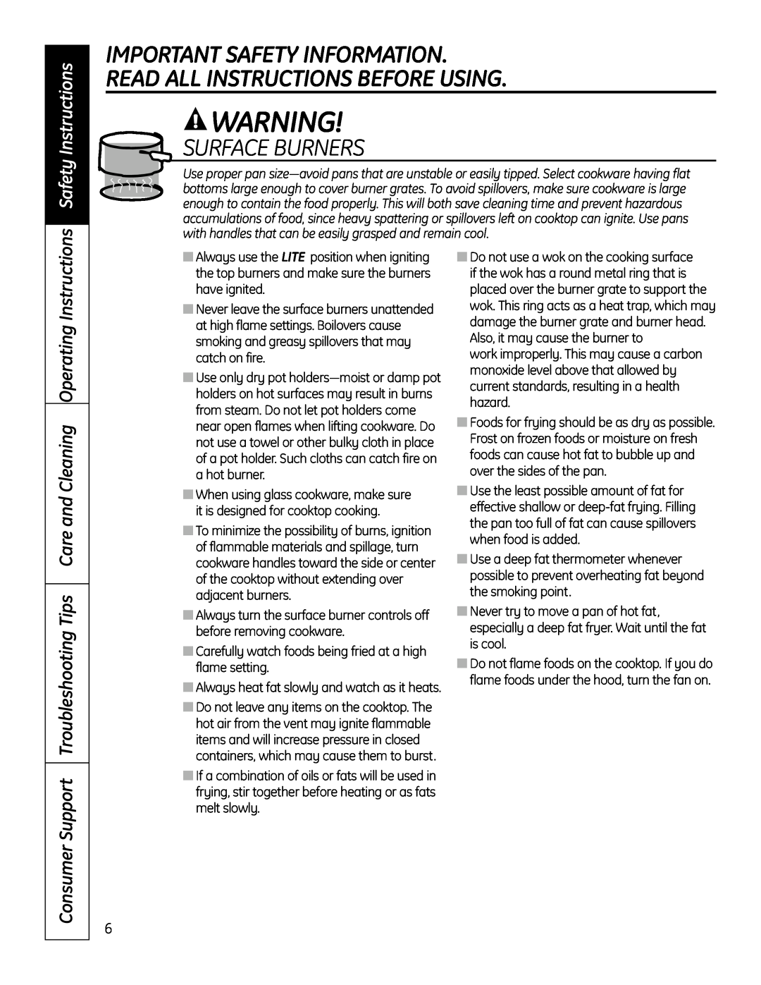 GE PGP989 manual Important Safety Information, Read All Instructions Before Using, Surface Burners, Safety Instructions 