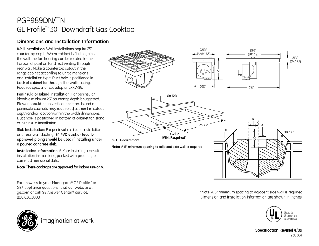 GE PGP989DN/TN dimensions GE Profile 30 Downdraft Gas Cooktop, Dimensions and Installation Information 