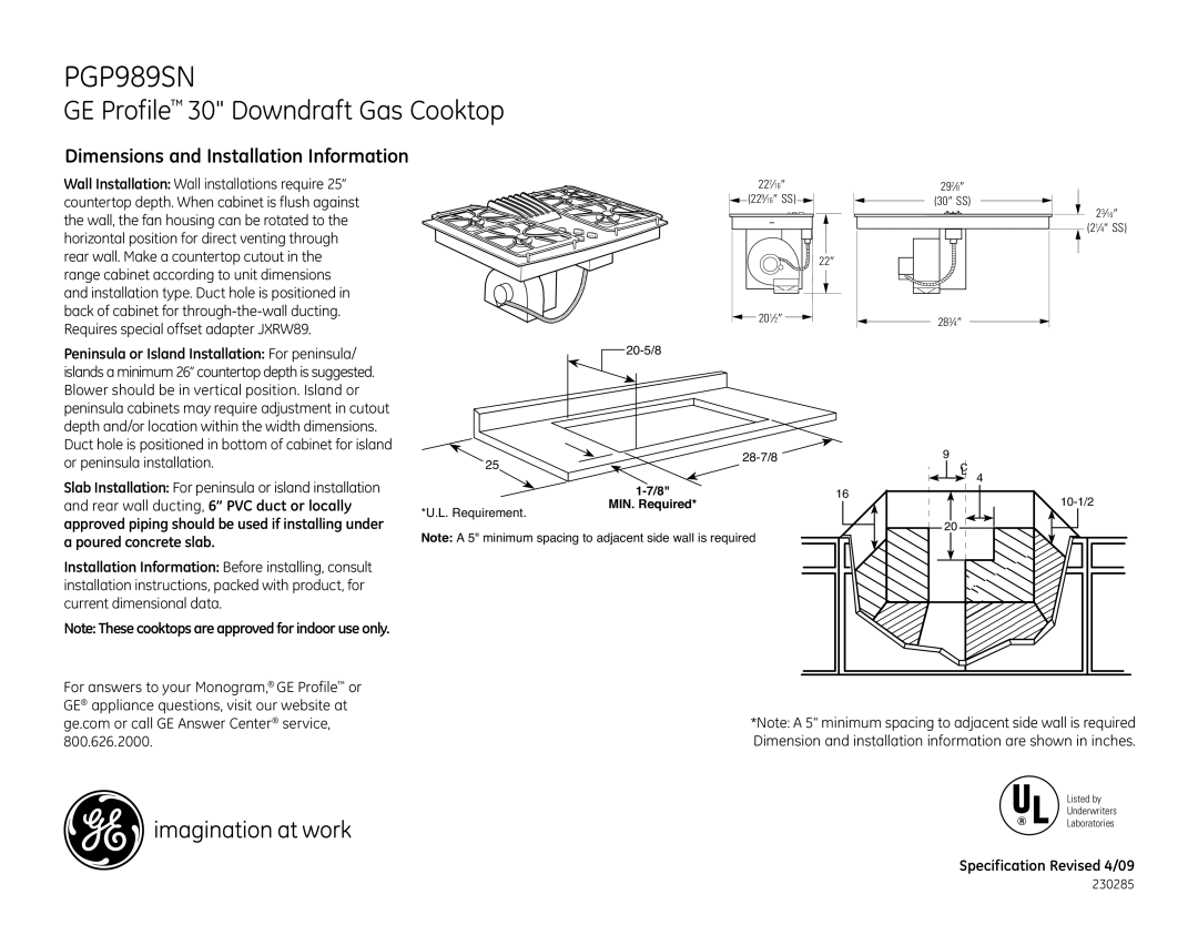 GE PGP989SN dimensions GE Profile 30 Downdraft Gas Cooktop, Dimensions and Installation Information 