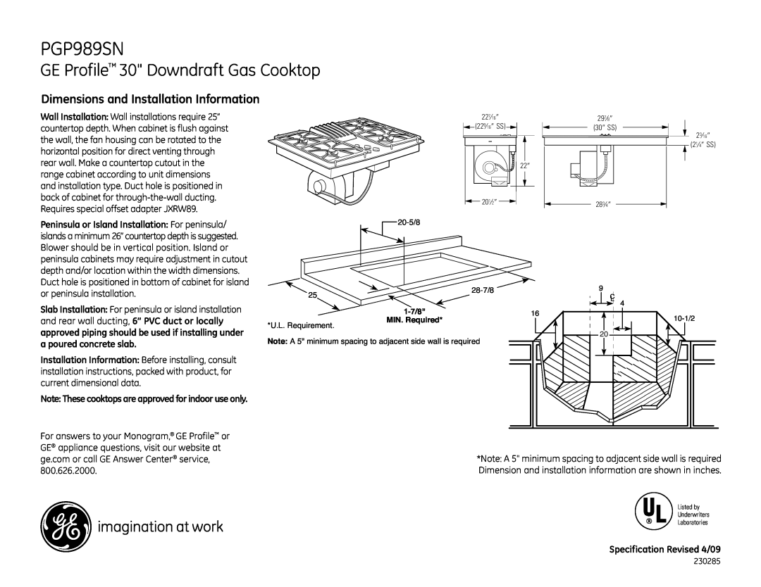 GE PGP989SN dimensions GE Profile 30 Downdraft Gas Cooktop, Dimensions and Installation Information 