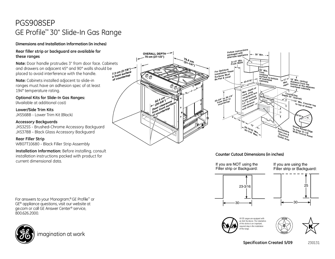 GE PGS908SEPSS installation instructions GE Profile 30 Slide-In Gas Range 