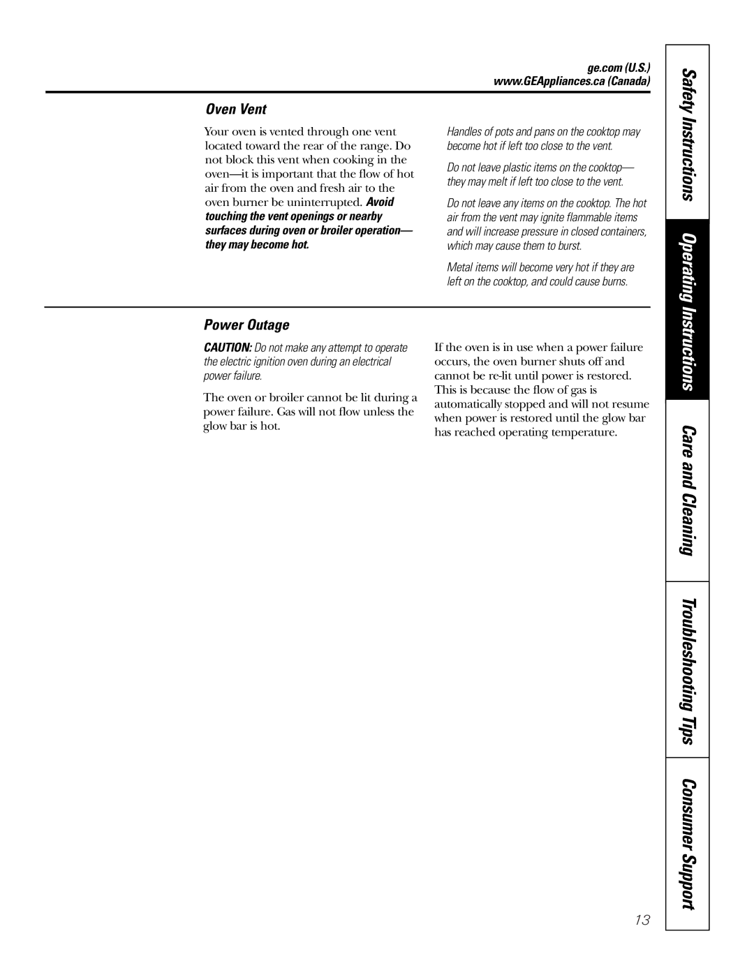 GE PGS968 owner manual Oven Vent, Power Outage 