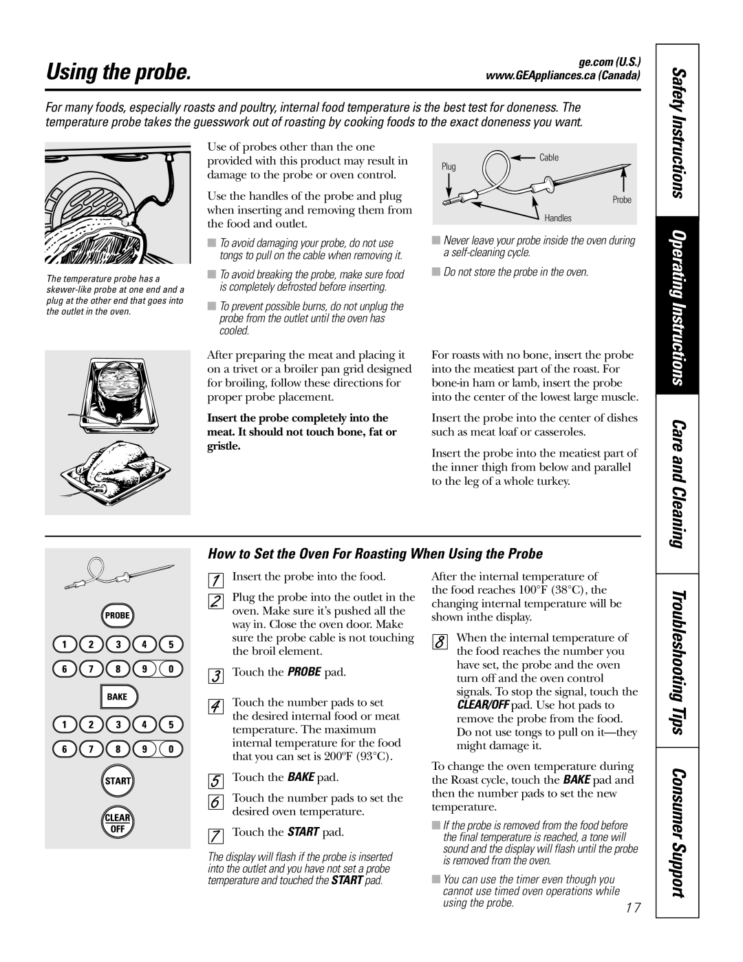 GE PGS968 Using the probe, Instructions Operating Instructions Care and Cleaning, You can use the timer even though you 