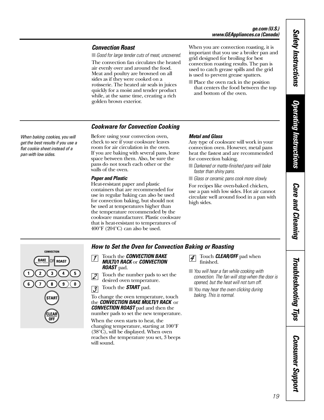 GE PGS968 Instructions Operating, Troubleshooting Tips Consumer Support, Convection Roast, Cookware for Convection Cooking 