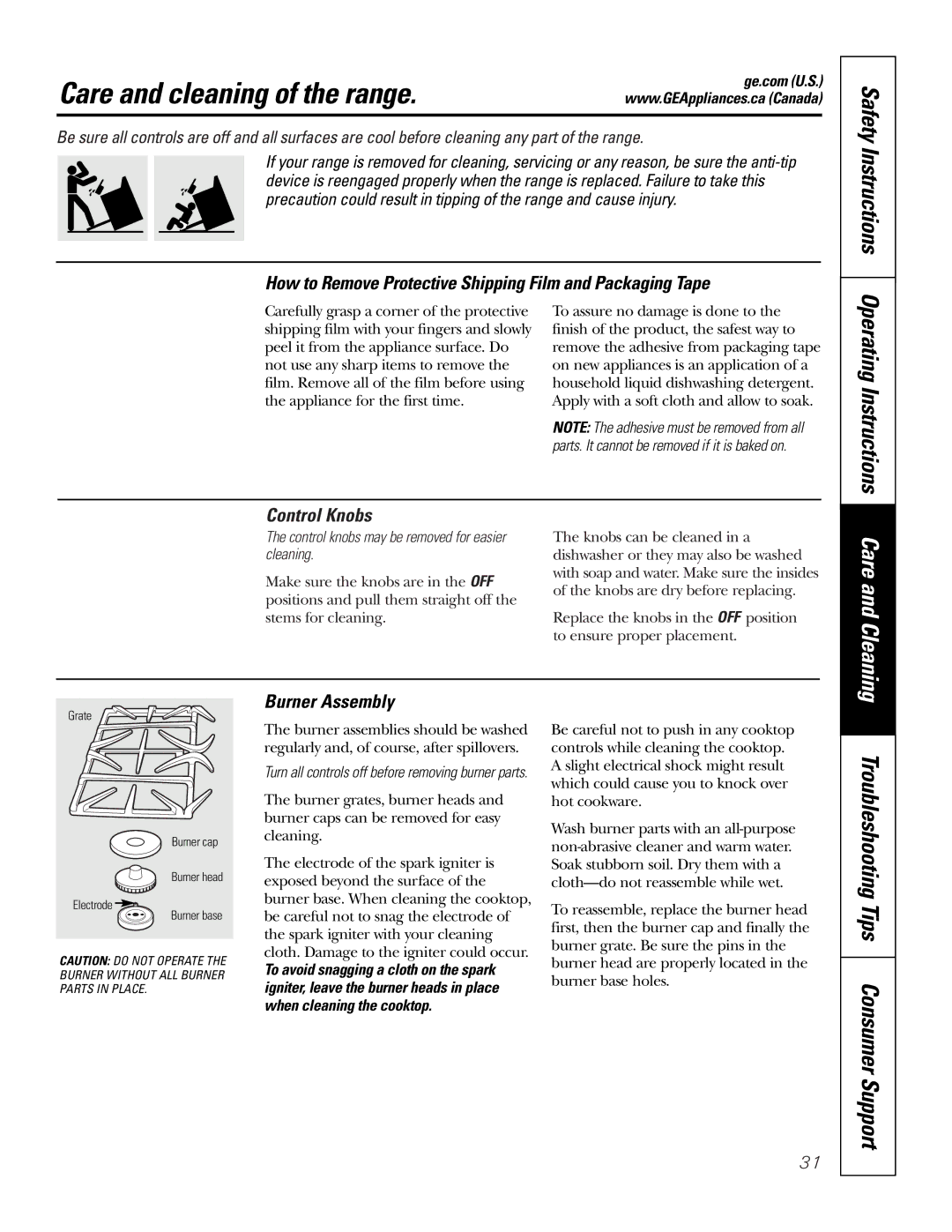 GE PGS968 Care and cleaning of the range, How to Remove Protective Shipping Film and Packaging Tape, Burner Assembly 