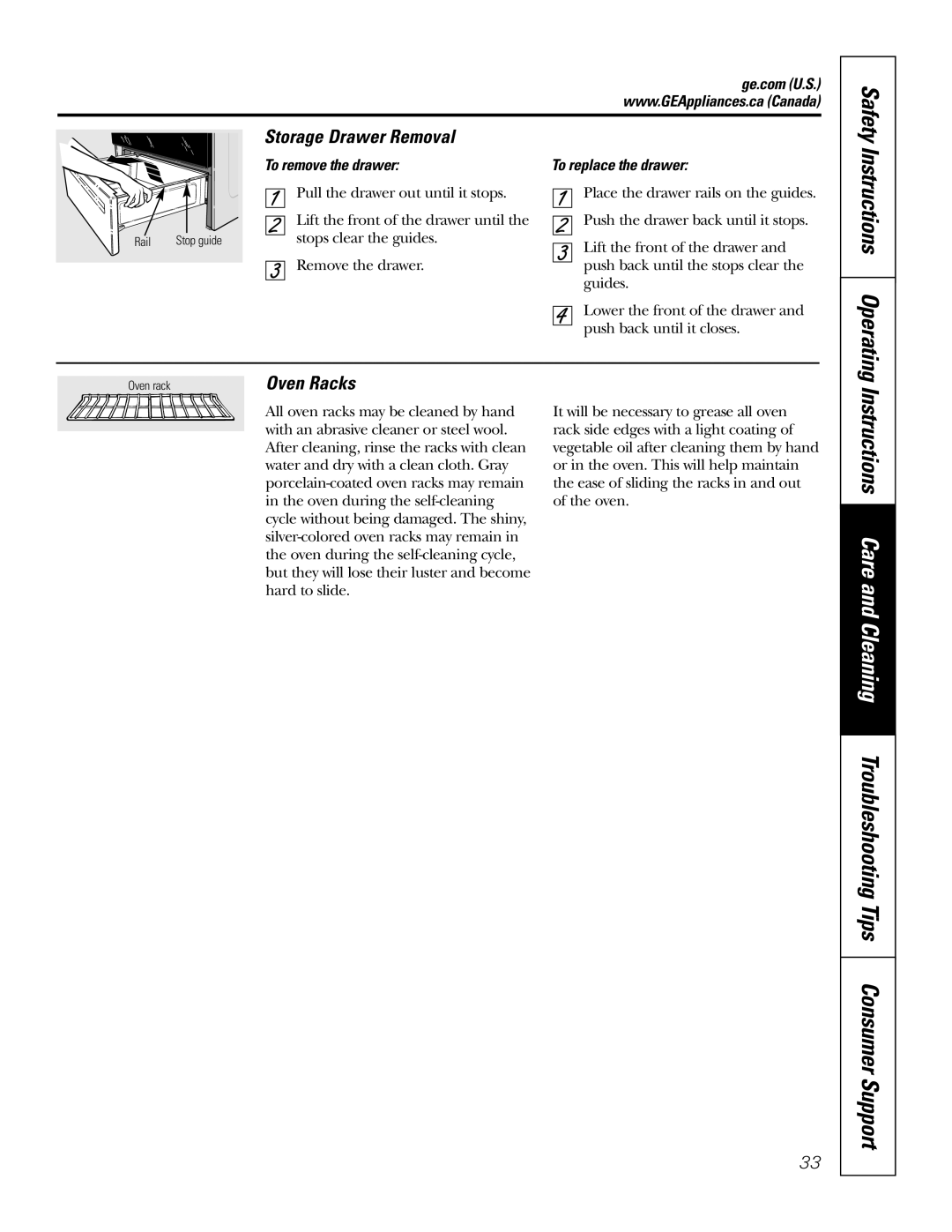 GE PGS968 owner manual Storage Drawer Removal, Oven Racks, Instructions Operating, To remove the drawer 