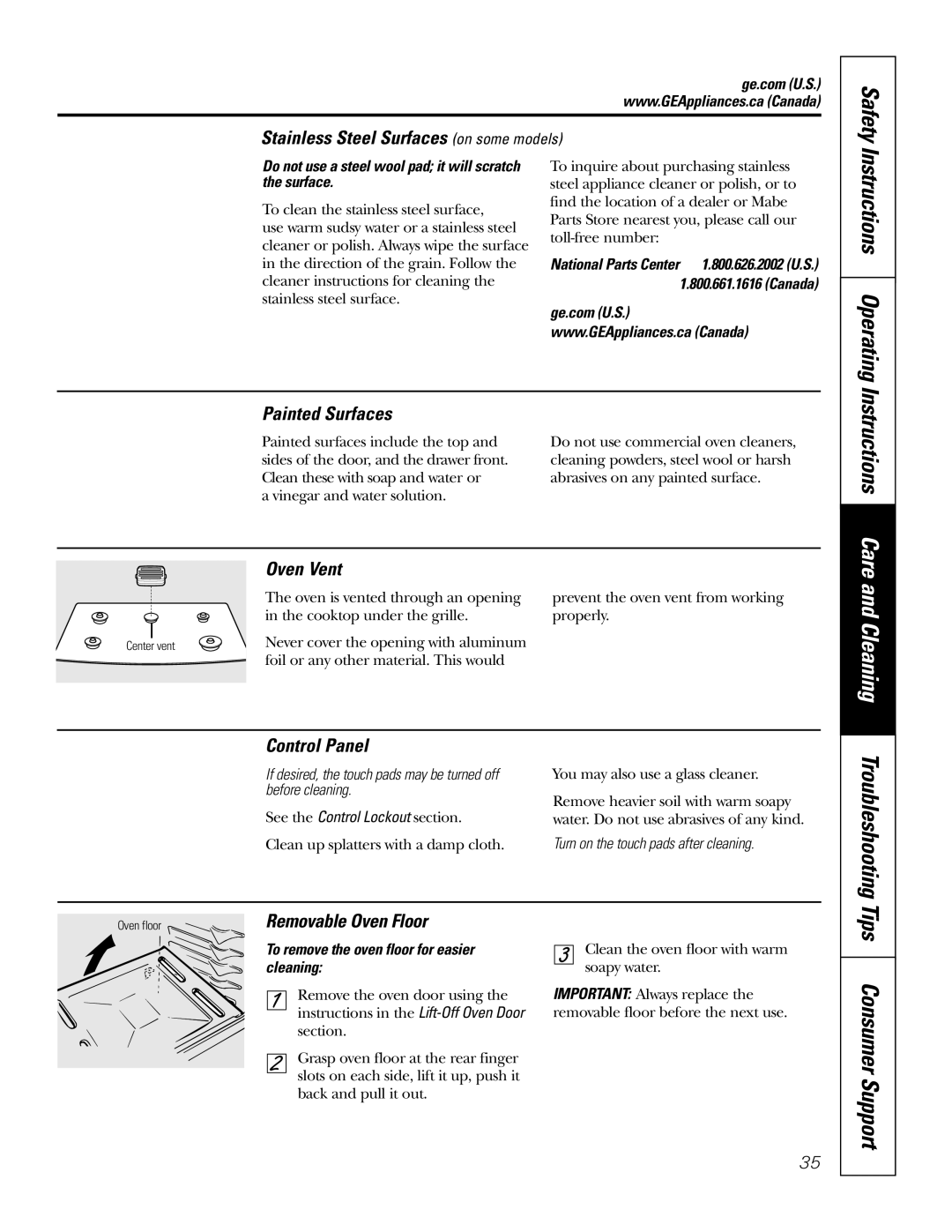 GE PGS968 owner manual Stainless Steel Surfaces on some models, Painted Surfaces, Control Panel, Removable Oven Floor 