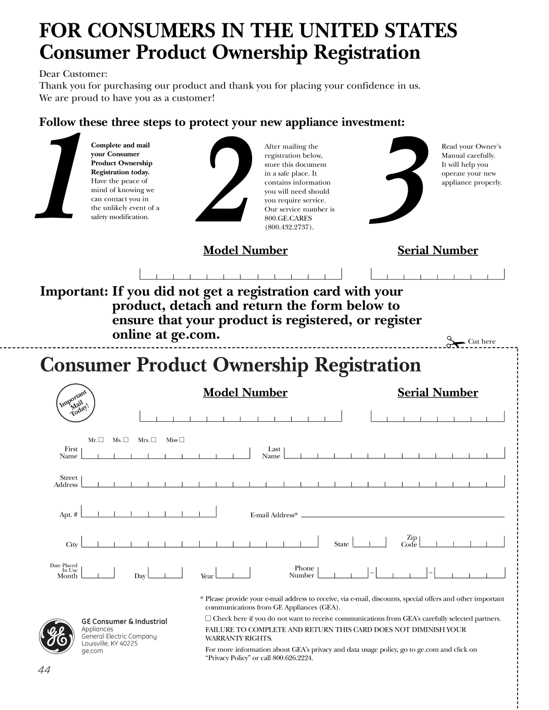 GE PGS968 owner manual Consumer Product Ownership Registration 