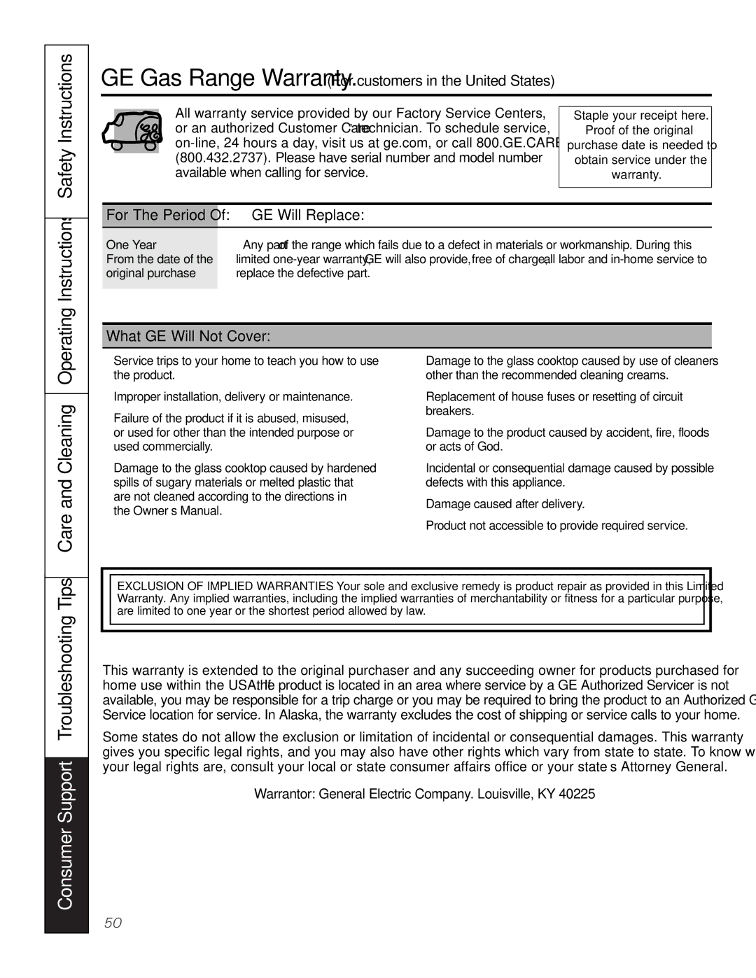 GE PGS968 GE Will Replace, What GE Will Not Cover, Warrantor General Electric Company. Louisville, KY, For The Period 