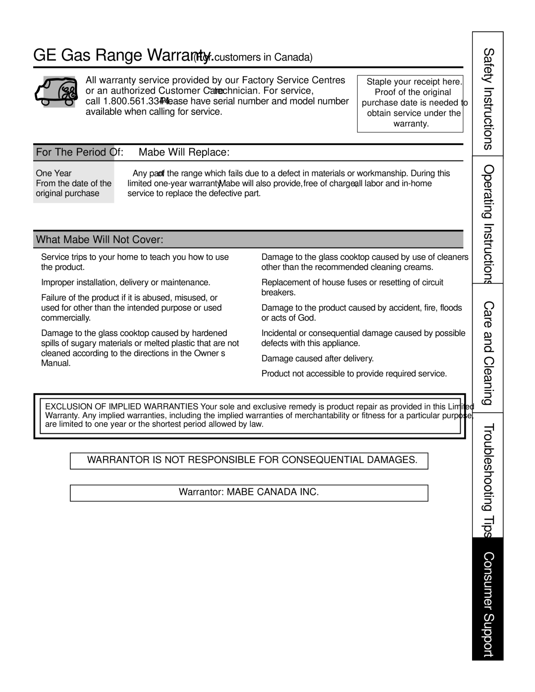 GE PGS968 owner manual Care and Cleaning, Mabe Will Replace, What Mabe Will Not Cover 