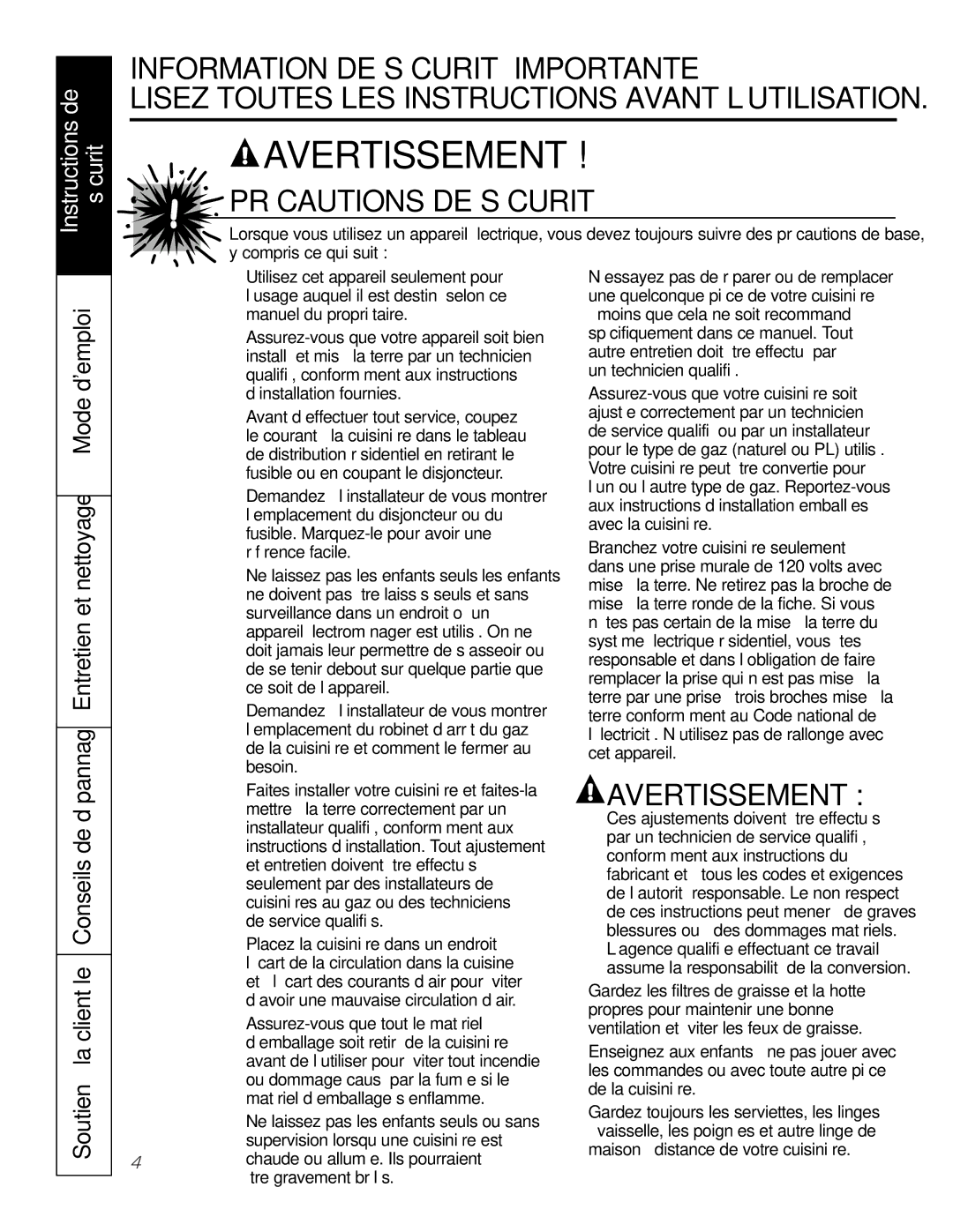 GE PGS968 Précautions DE Sécurité, Fabricant et à tous les codes et exigences, De l’autorité responsable. Le non respect 