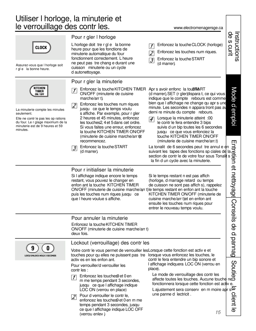 GE PGS968 owner manual Nettoyage Conseils, Pour régler l’horloge, Pour régler la minuterie, Pour réinitialiser la minuterie 