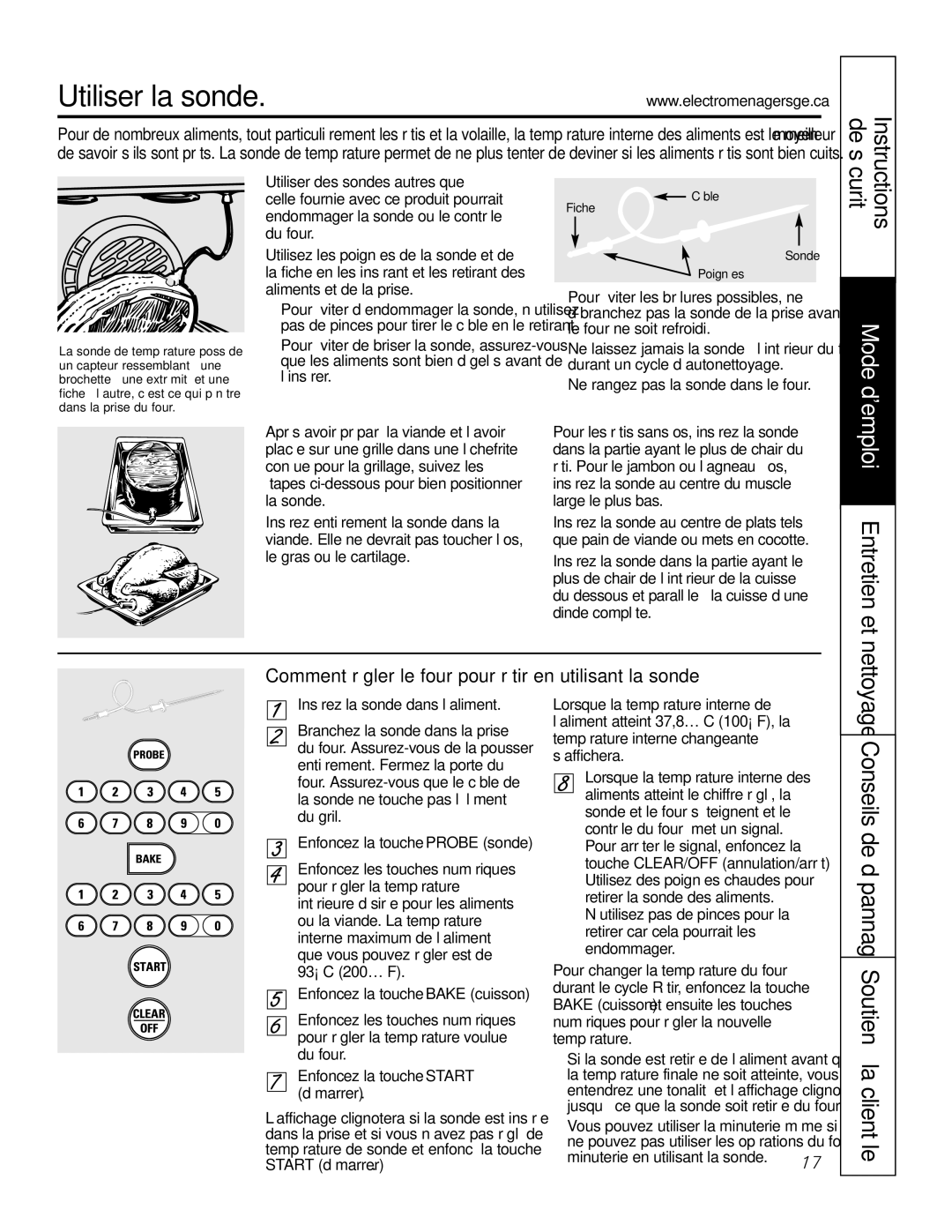 GE PGS968 Utiliser la sonde, Comment régler le four pour rôtir en utilisant la sonde, Ne rangez pas la sonde dans le four 