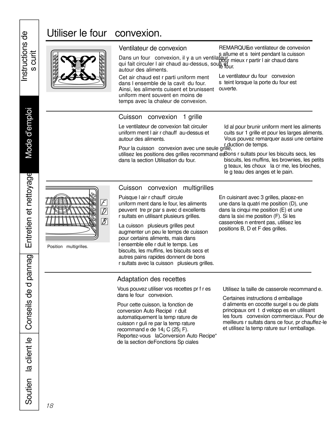 GE PGS968 owner manual Utiliser le four à convexion, Soutien à la clientèle Conseils de, Ventilateur de convexion 