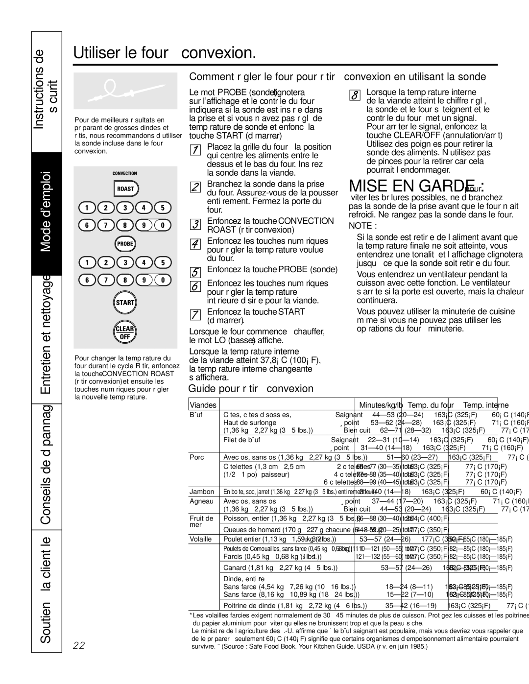 GE PGS968 owner manual Mise EN Garde pour, Guide pour rôtir à convexion 