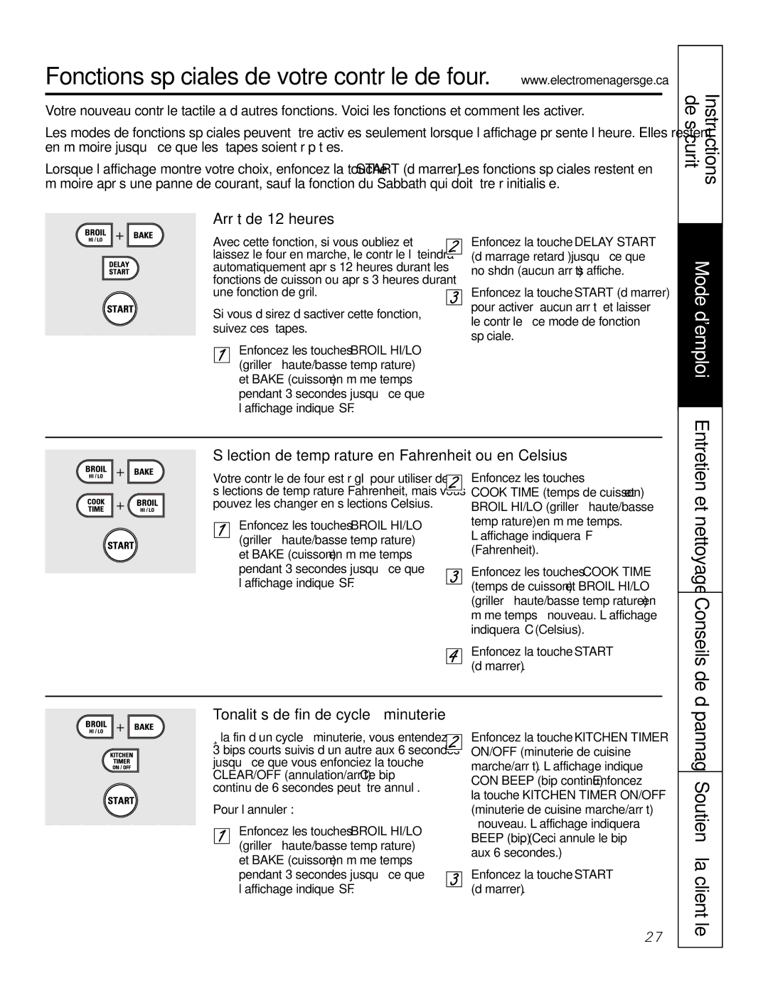 GE PGS968 Entretien et nettoyage Conseils de, Arrêt de 12 heures, Sélection de température en Fahrenheit ou en Celsius 