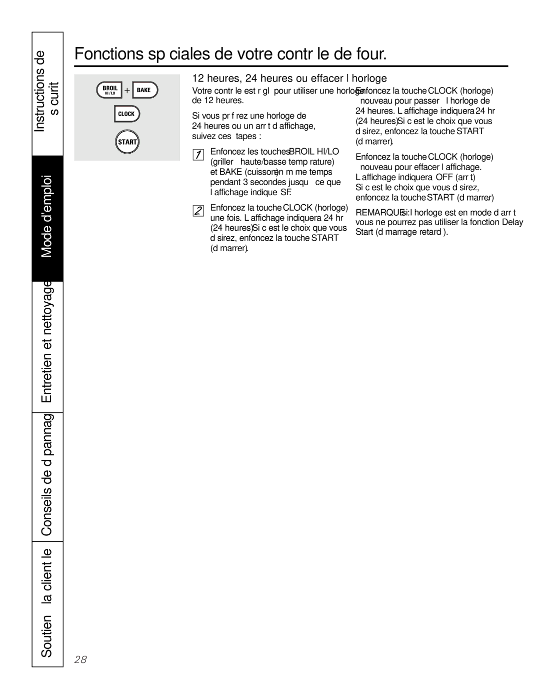 GE PGS968 owner manual Fonctions spéciales de votre contrôle de four, Heures, 24 heures ou effacer l’horloge, De 12 heures 