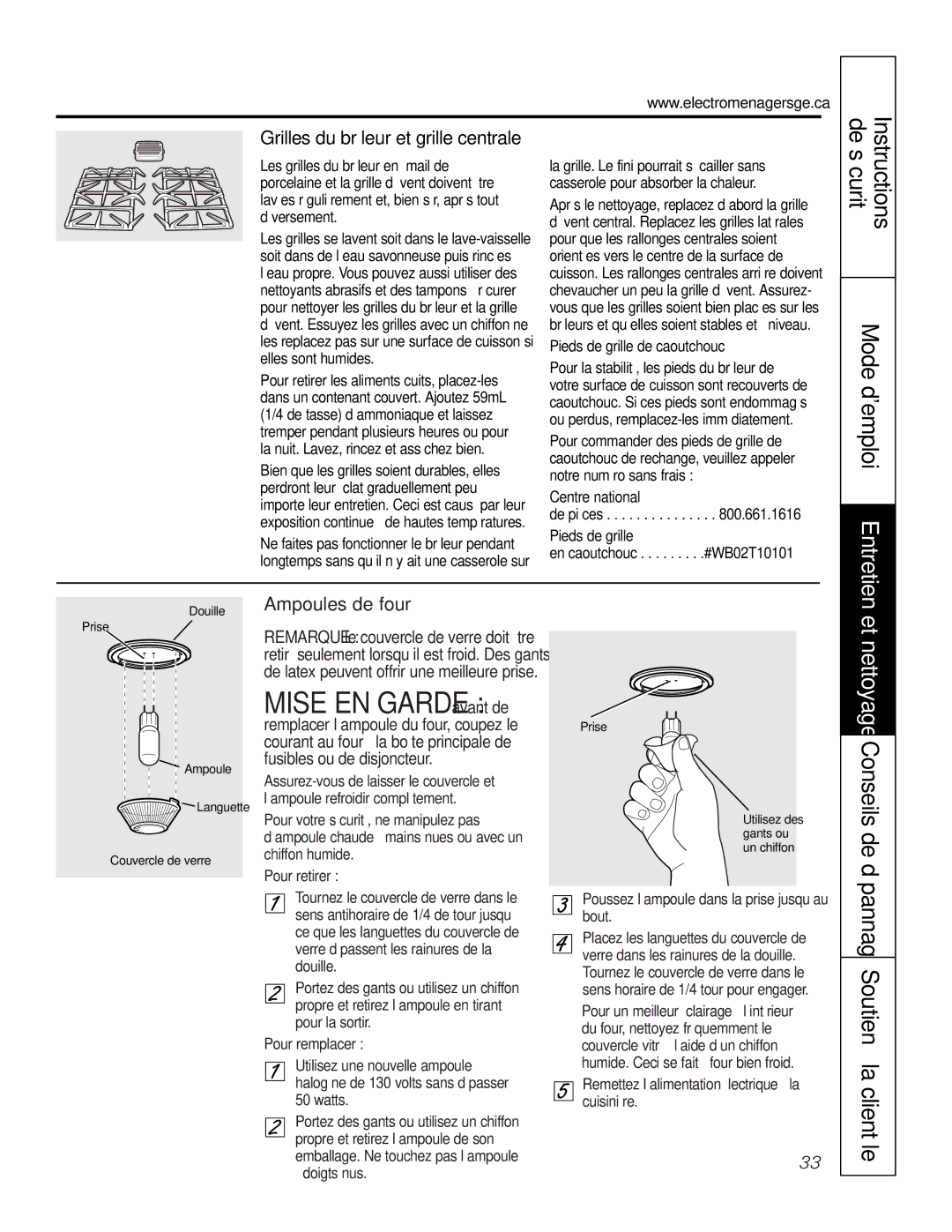 GE PGS968 Mise EN Garde avant de, Mode demploi Entretien et nettoyage Conseils de, Grilles du brûleur et grille centrale 