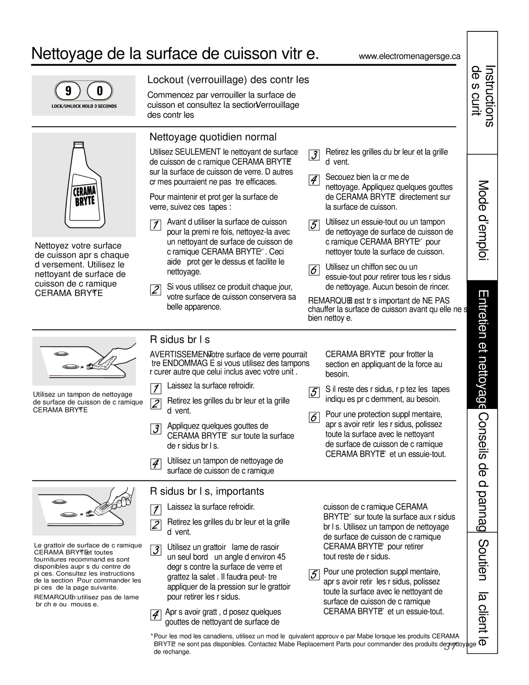 GE PGS968 owner manual Nettoyage de la surface de cuisson vitrée, Mode demploi Entretien 