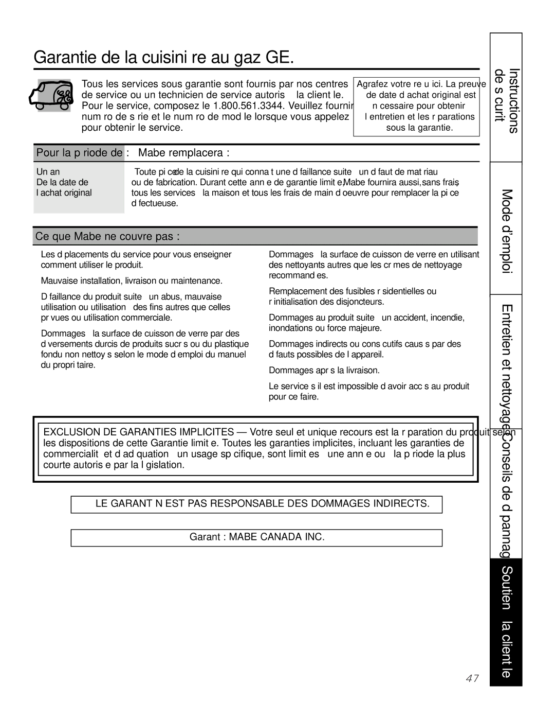 GE PGS968 Garantie de la cuisinière au gaz GE, Entretien et nettoyage, Mabe remplacera, Ce que Mabe ne couvre pas 