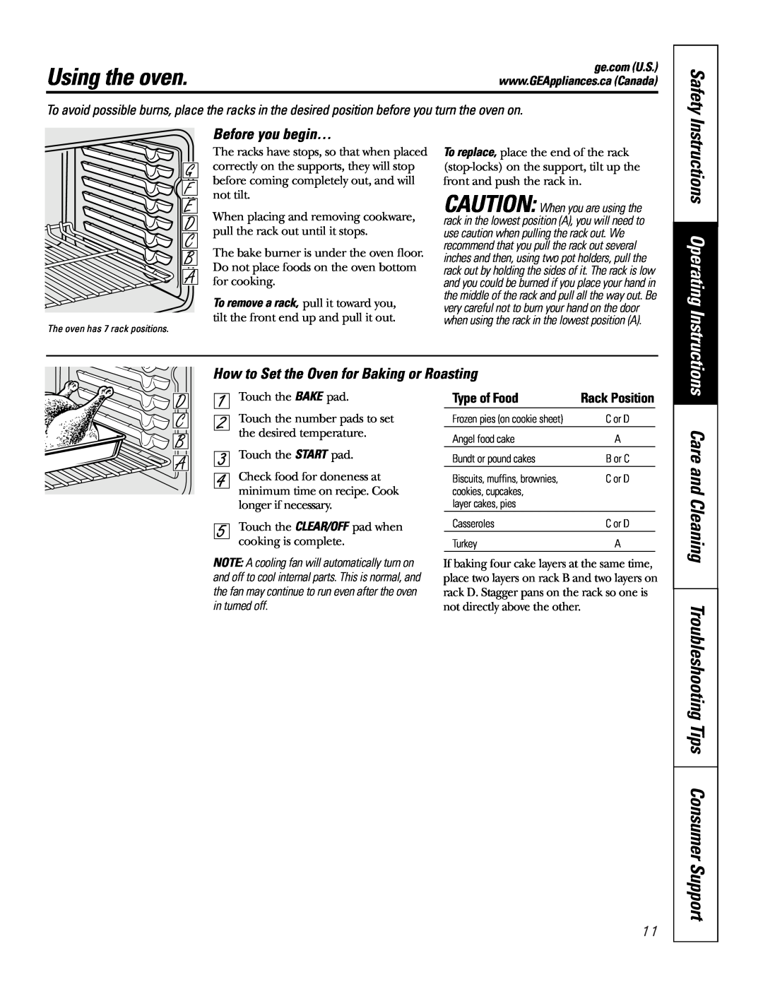 GE PGS968 Using the oven, Before you begin…, How to Set the Oven for Baking or Roasting, Type of Food, Care and Cleaning 