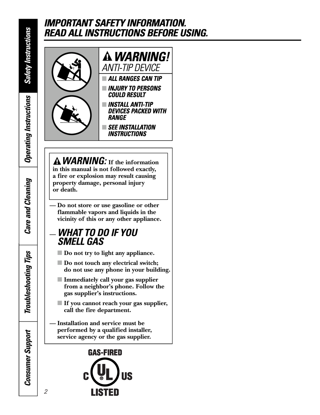 GE PGS968 owner manual Anti-Tipdevice, What To Do If You Smell Gas 