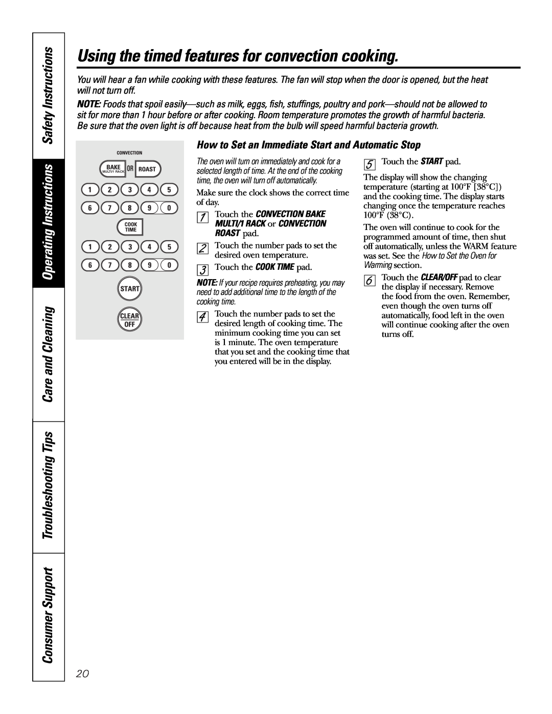 GE PGS968 owner manual Using the timed features for convection cooking, How to Set an Immediate Start and Automatic Stop 