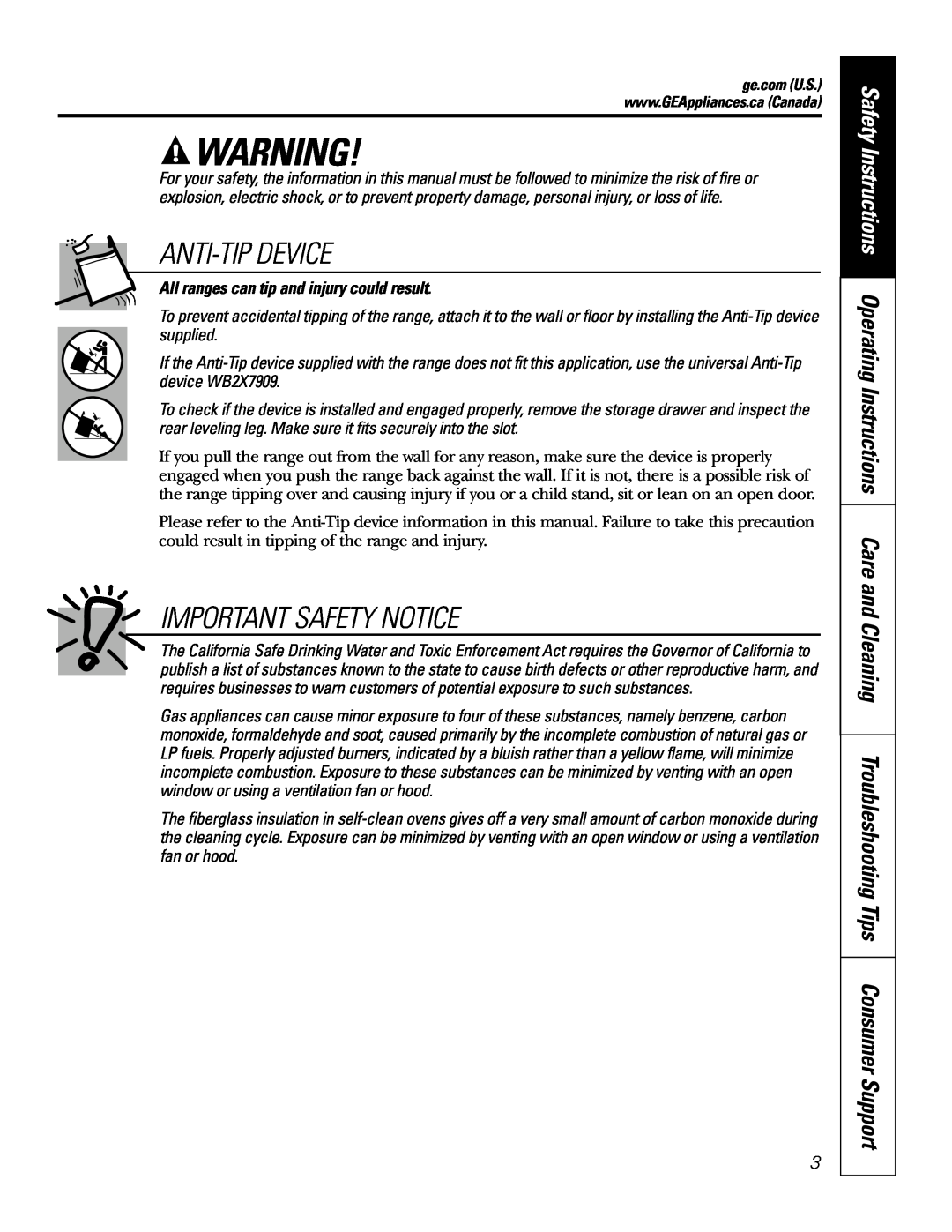 GE PGS968 owner manual Important Safety Notice, Anti-Tipdevice, All ranges can tip and injury could result 