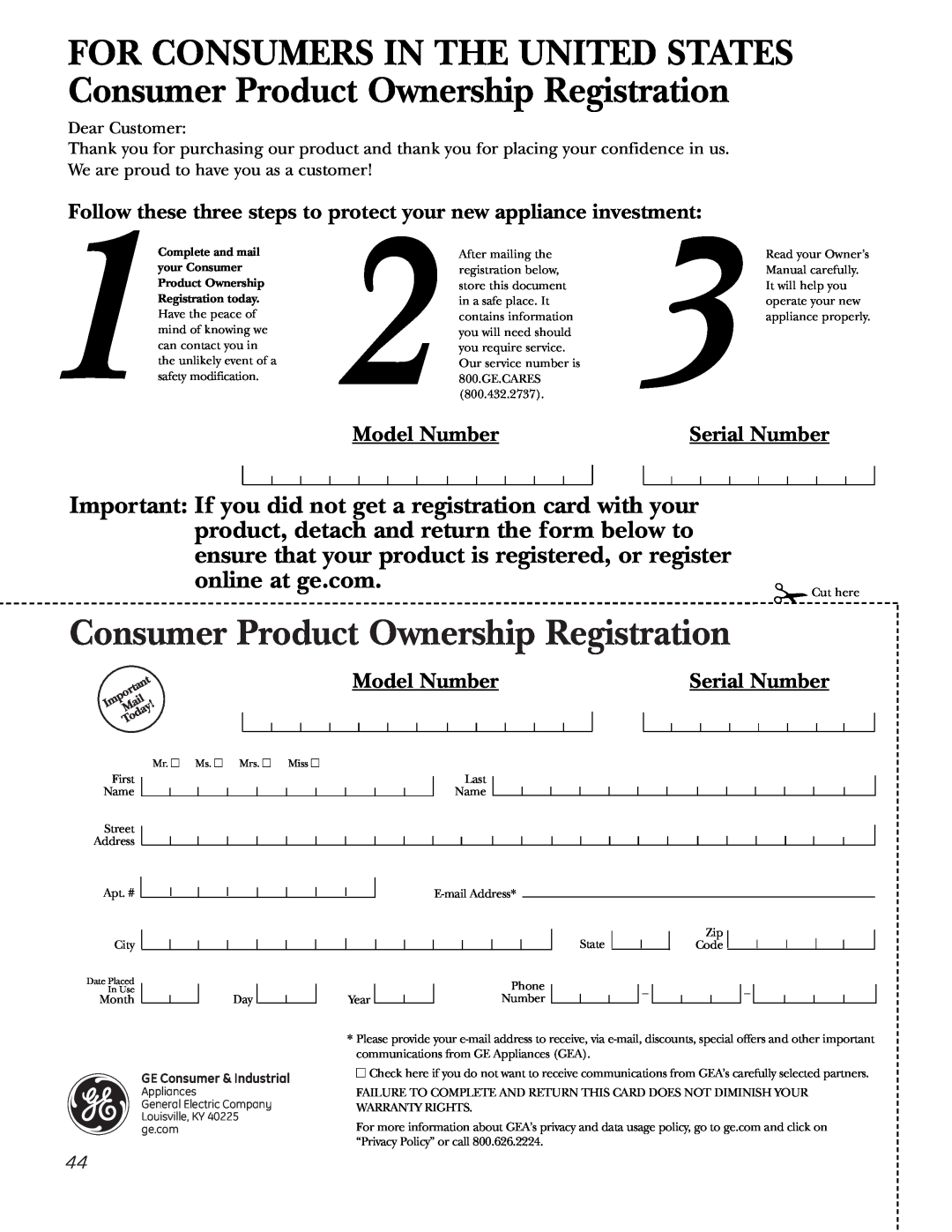 GE PGS968 Consumer Product Ownership Registration, online at ge.com, Model Number, Serial Number, GE Consumer & Industrial 
