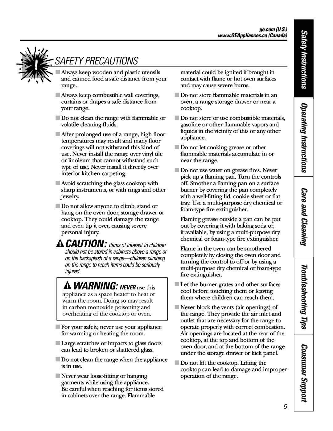GE PGS968 owner manual WARNING: NEVER use this, Safety Precautions 