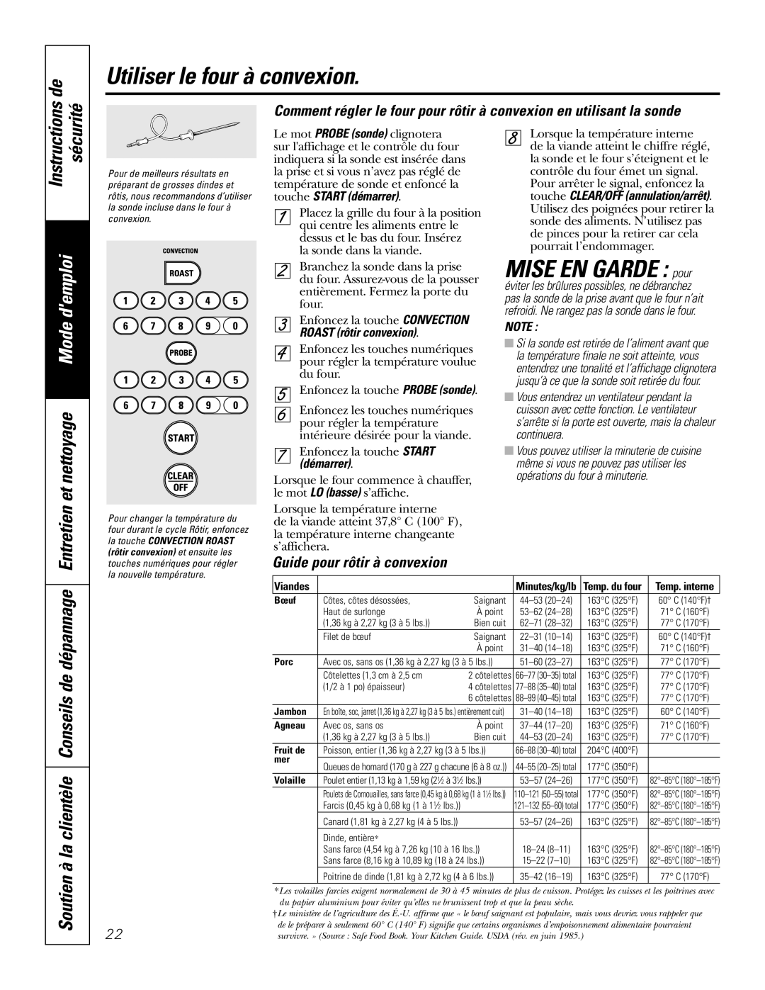 GE PGS968 owner manual MISE EN GARDE : pour, Utiliser le four à convexion, Guide pour rôtir à convexion 