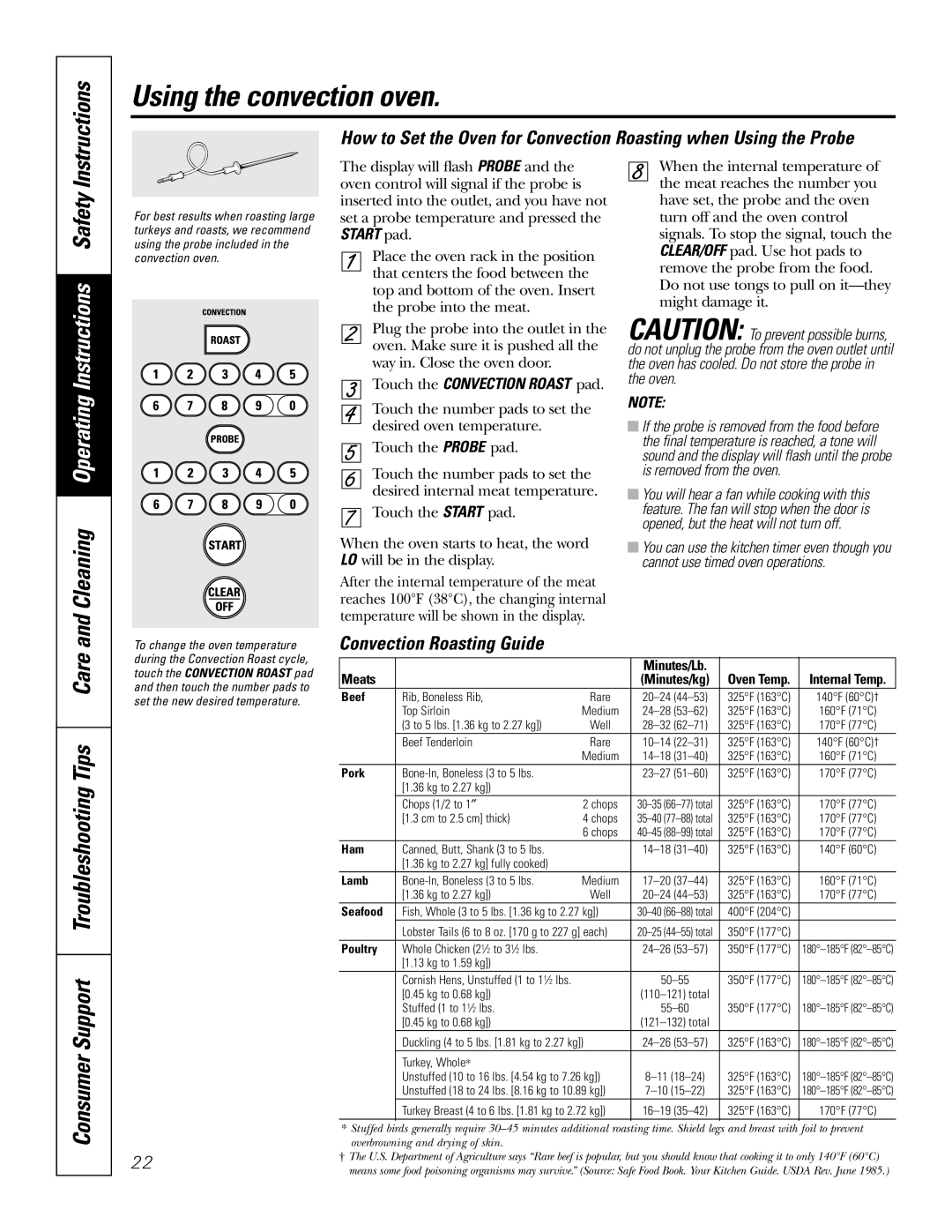 GE PGS968SEMSS owner manual Consumer Support Troubleshooting Tips Care, Convection Roasting Guide 