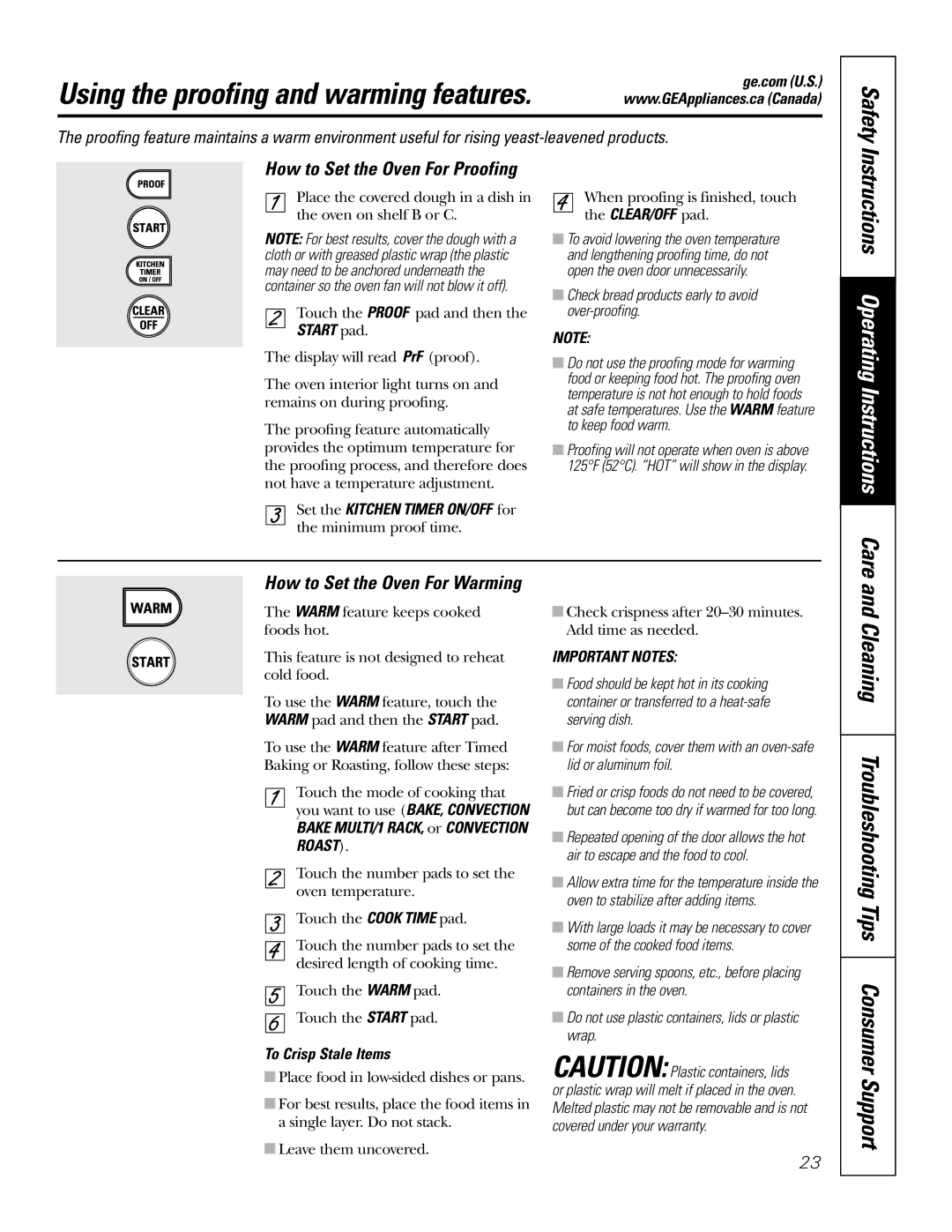 GE PGS968SEMSS owner manual Using the proofing and warming features, Cleaning Troubleshooting Tips Consumer Support 