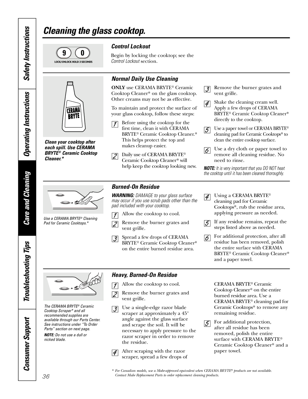 GE PGS968SEMSS Cleaning the glass cooktop, Operating Instructions, Normal Daily Use Cleaning, Burned-On Residue 