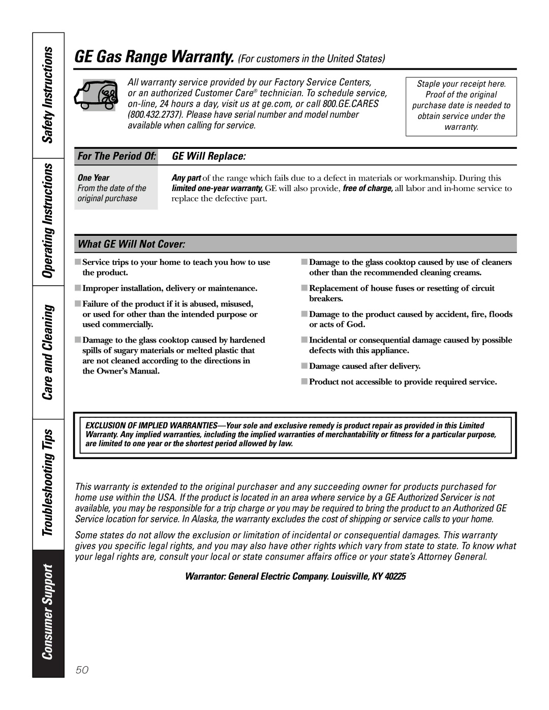 GE PGS968SEMSS owner manual Operating Instructions Safety Instructions, GE Will Replace, What GE Will Not Cover 