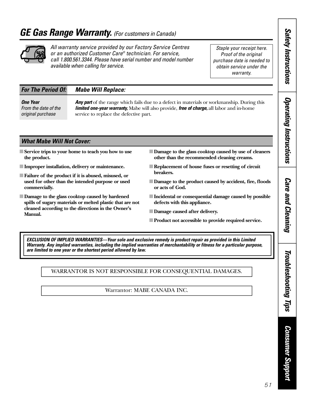 GE PGS968SEMSS owner manual Care and Cleaning, Mabe Will Replace, What Mabe Will Not Cover 